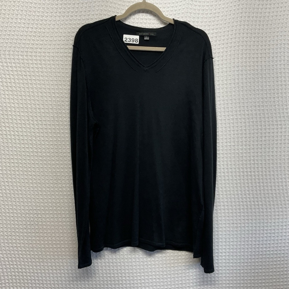 John Varvatos Pullover Men Sz XL Black wool blend V Neck Sweater Piping